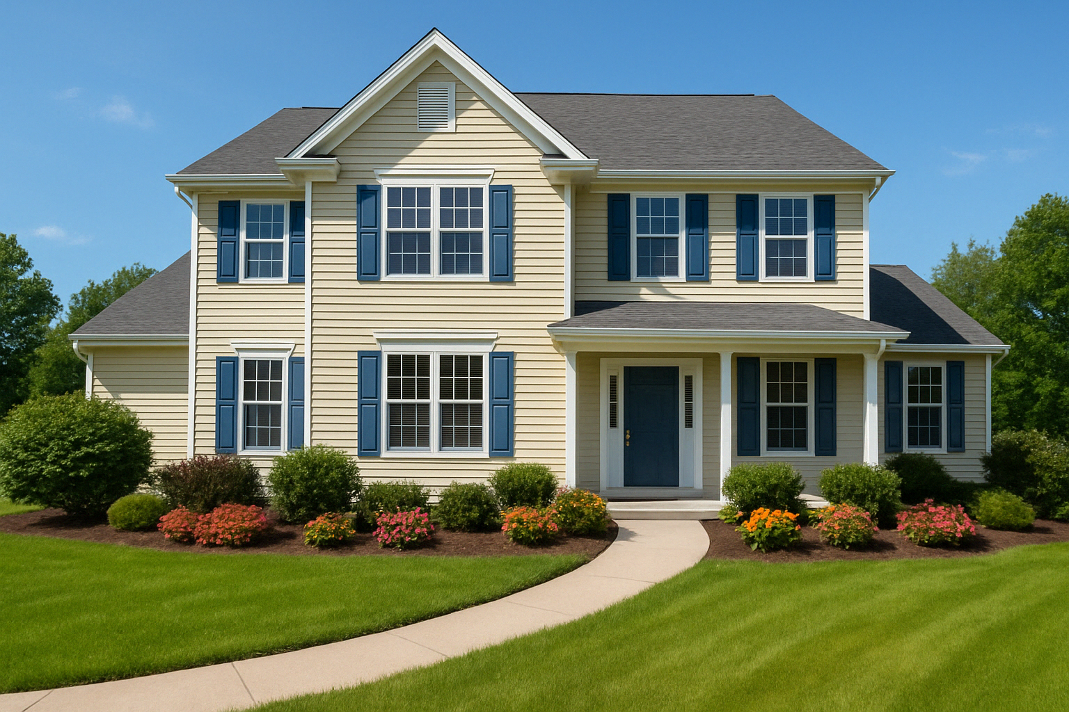 Clean vinyl siding home with beautiful landscaping in Westchester NY after professional power washing