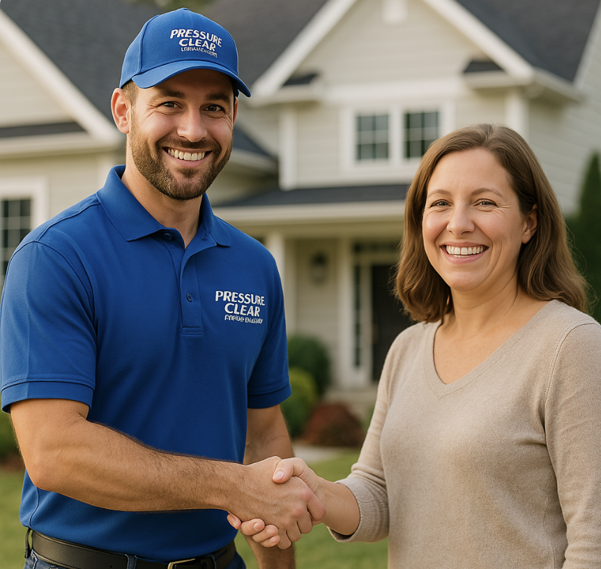 A power washing service technician explaining service to a homeowner.