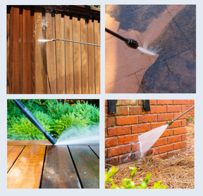 Four-panel collage showing fence, patio, deck, and brick wall power washing results