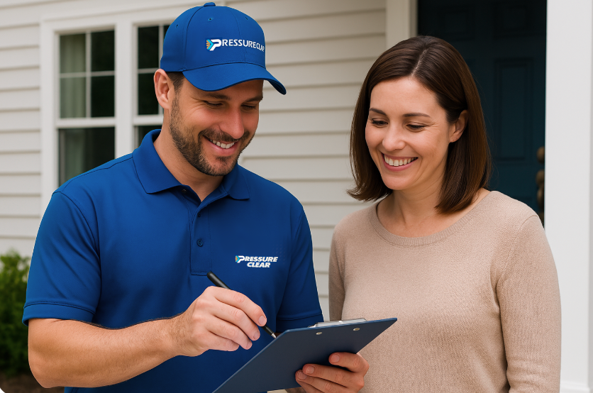 Pressure Clear specialist discussing vinyl siding cleaning serviPressure Clear team member offering quote to homeowner for vinyl siding cleaning ces with homeowner