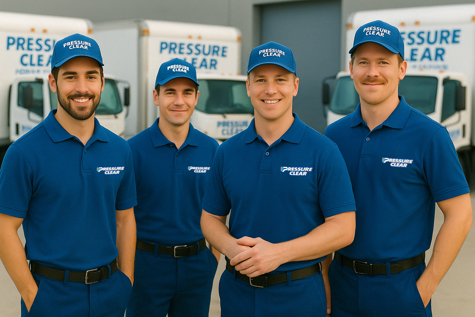 Four professional power washing technicians standing in front of branded service trucks