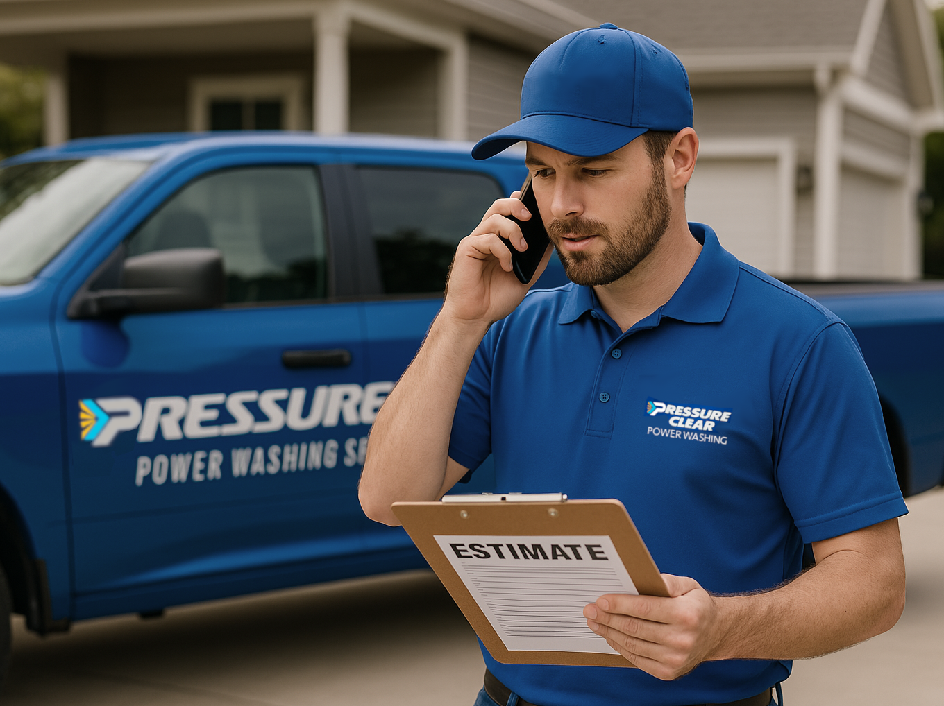 Pressure Clear technician holding clipboard and speaking on phone next to branded work truck