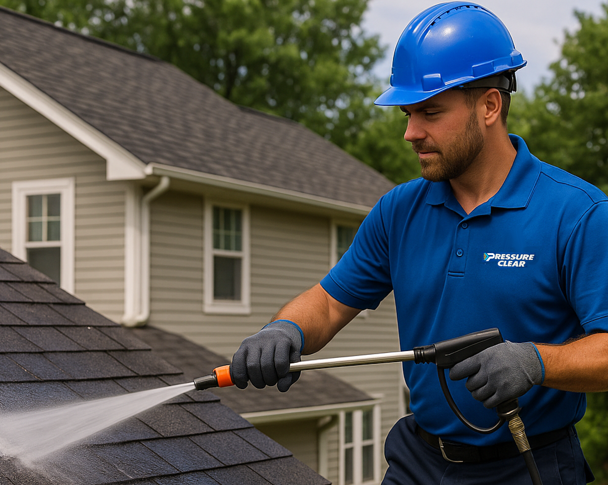 Soft roof washing in action by Pressure Clear technician using extended nozzle sprayer on shingles