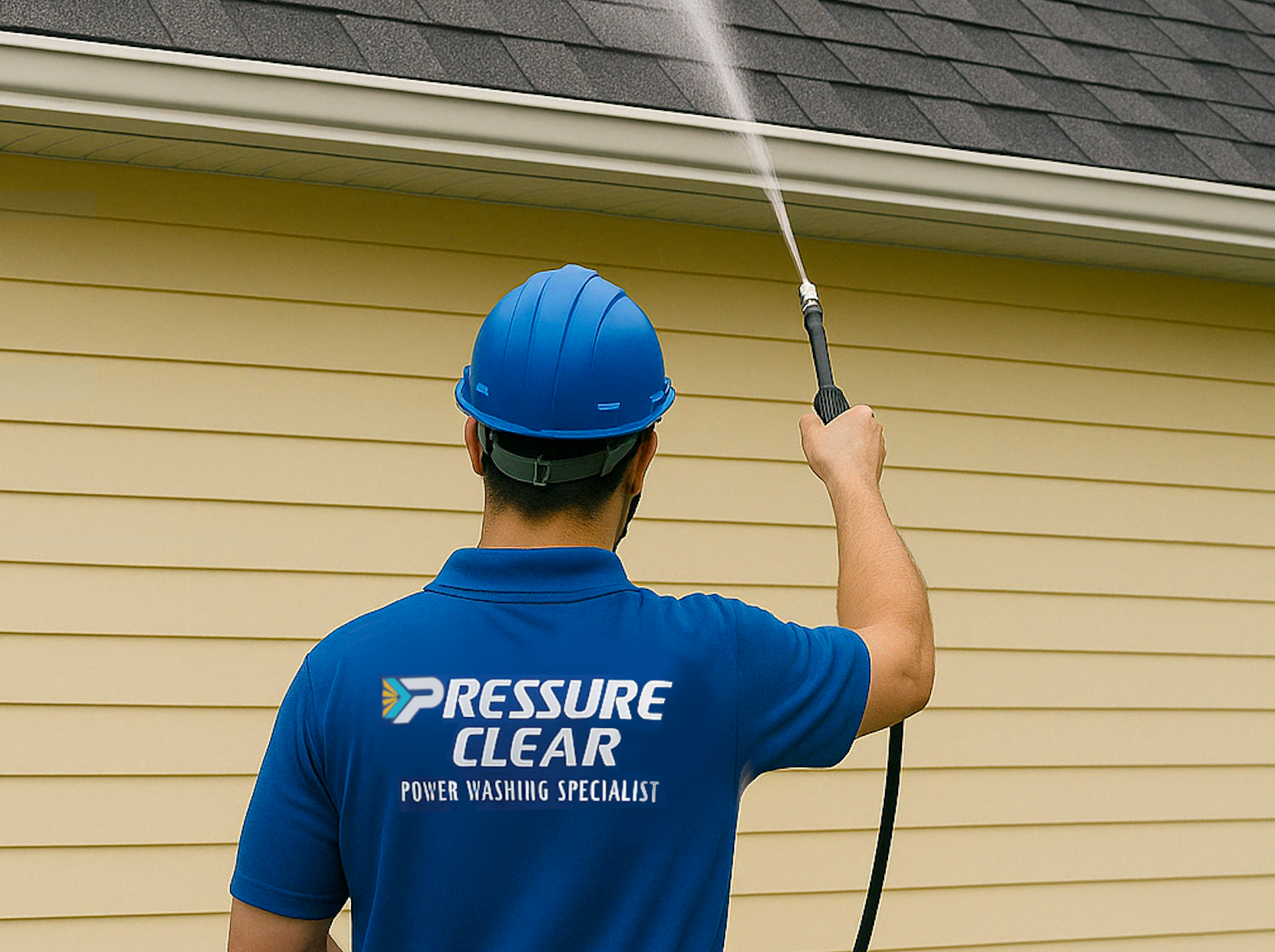 Pressure Clear employee in blue helmet applying soft wash to roof edge of yellow house