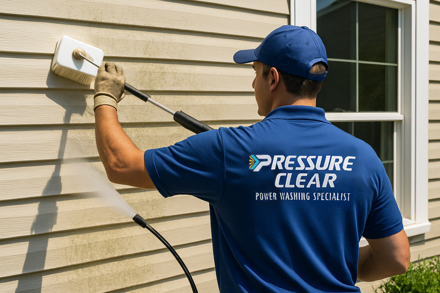 Pressure Clear Power Washing technician scrubbing vinyl siding in Westchester NY