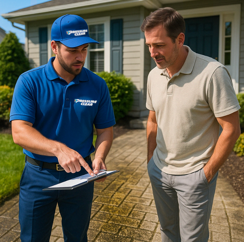 Pressure Clear Power Washing technician providing a walkway cleaning quote in Westchester NY