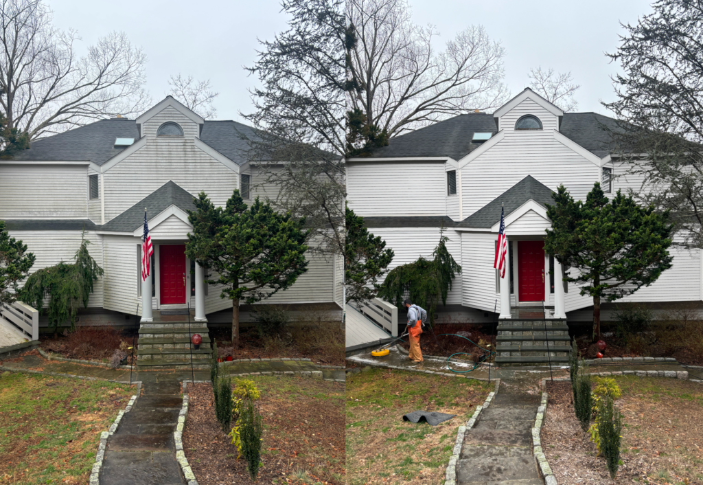 A before and after image of a home power washed in Westchester, New York.