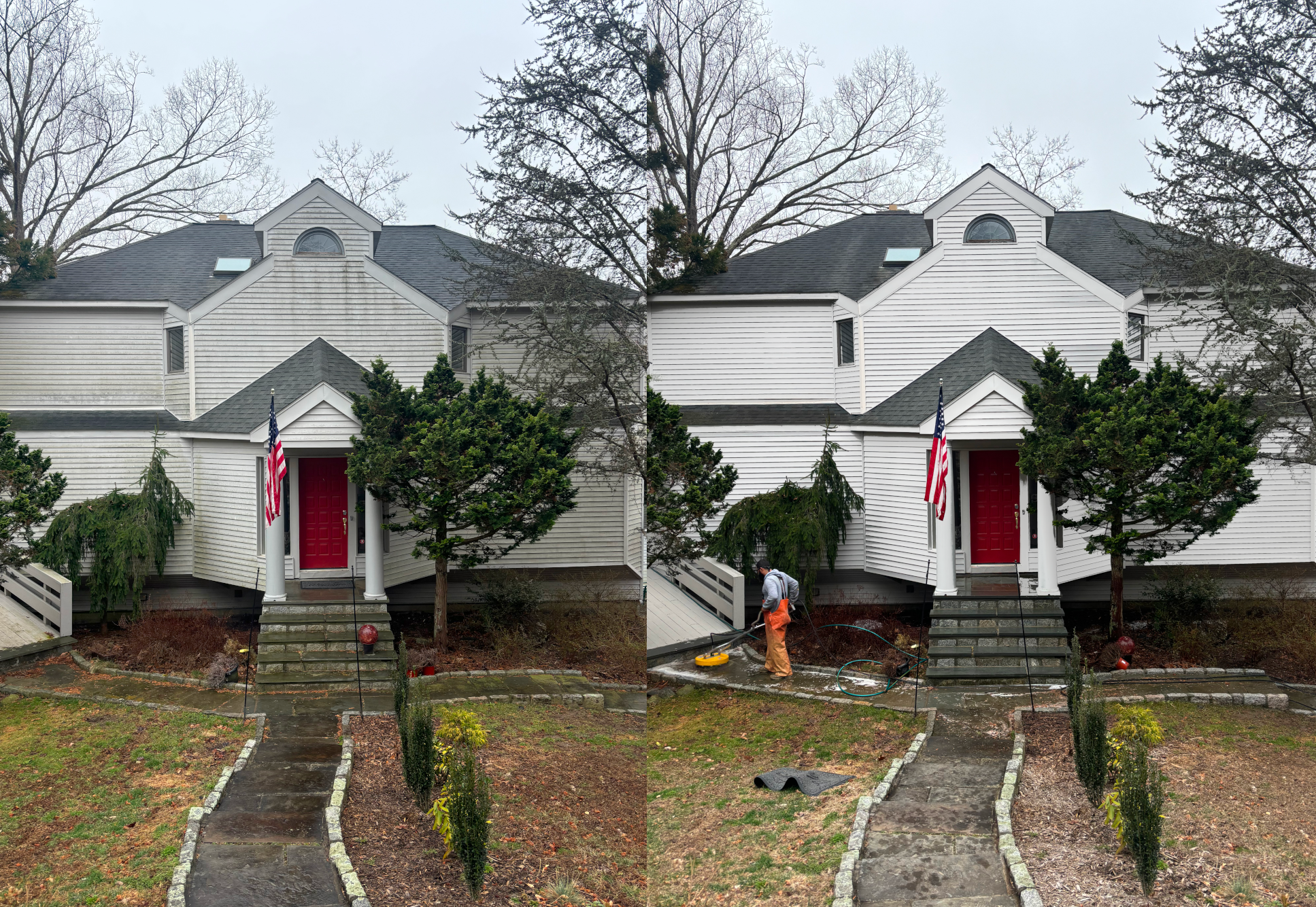 A before and after image of a home power washed in Westchester, New York.