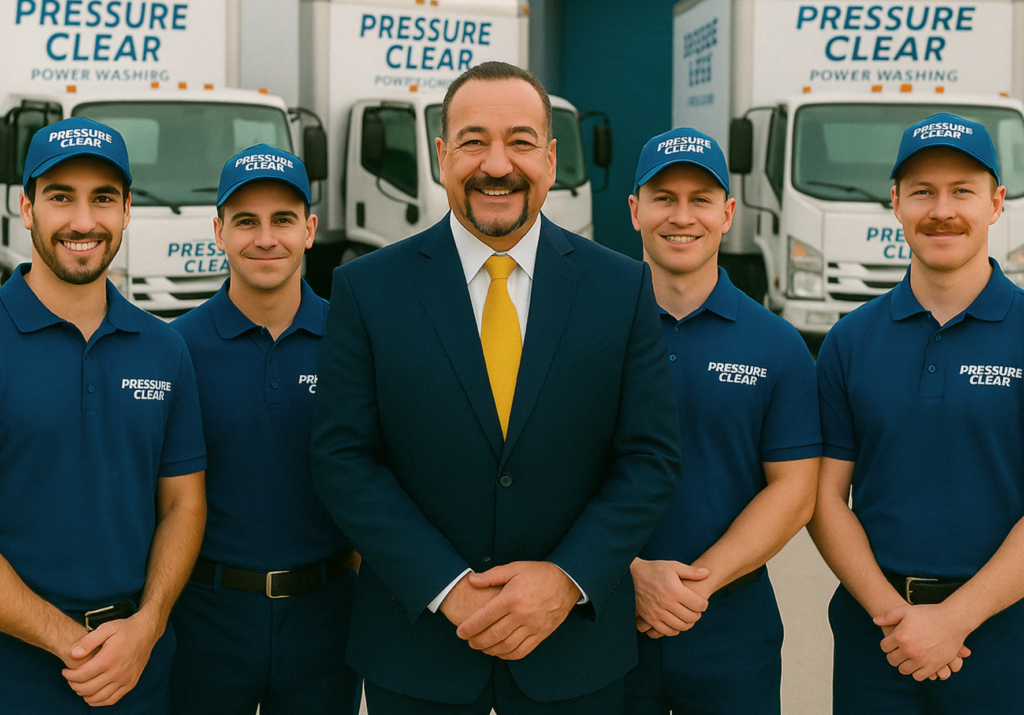 Owner Mario Perez standing proudly with the Pressure Clear Power Washing team in front of branded service trucks in Westchester NY.