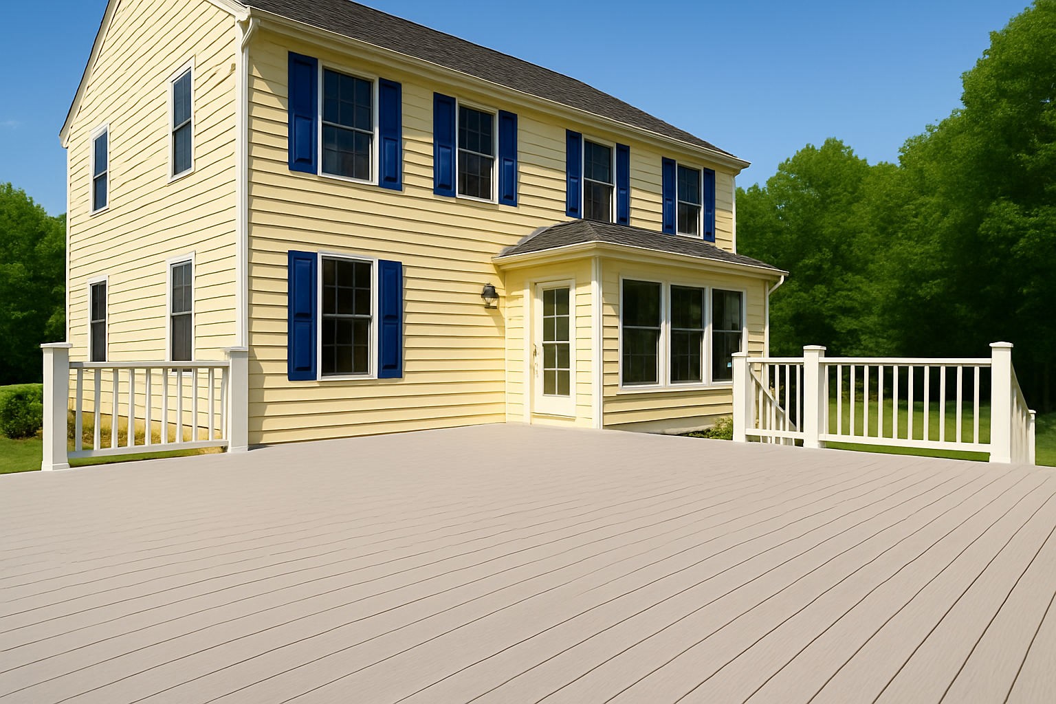 Freshly cleaned backyard deck outside yellow colonial home
