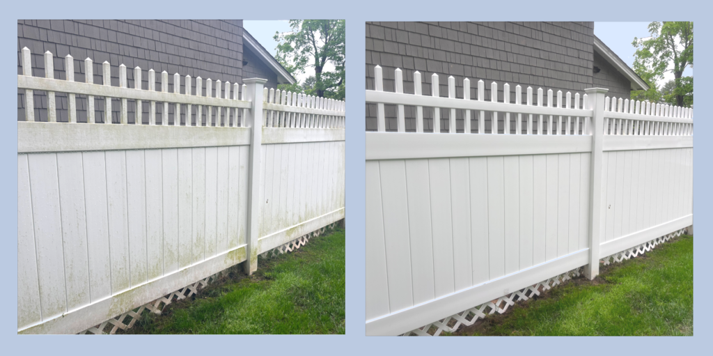 Fence power washing before and after results on vinyl fence in Westchester NY