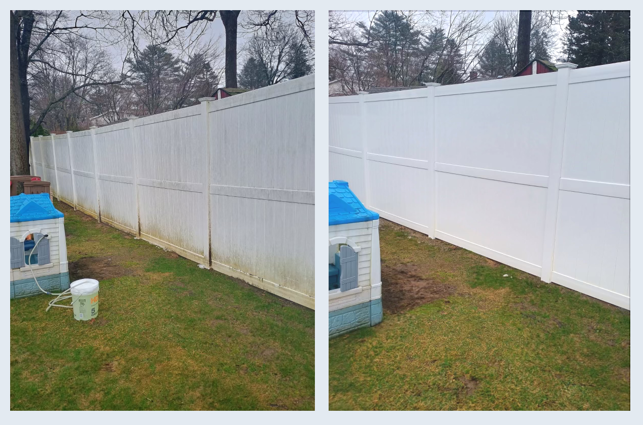 Tall vinyl fence power washing before and after showing dramatic cleaning results