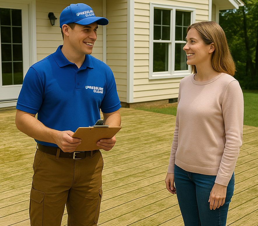 Pressure Clear technician discussing deck power washing in Westchester NY with homeowner