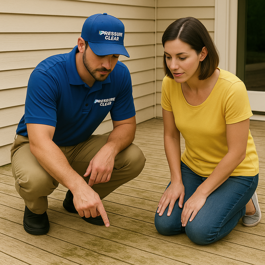 Homeowner discussing deck grime with technician before cleaning