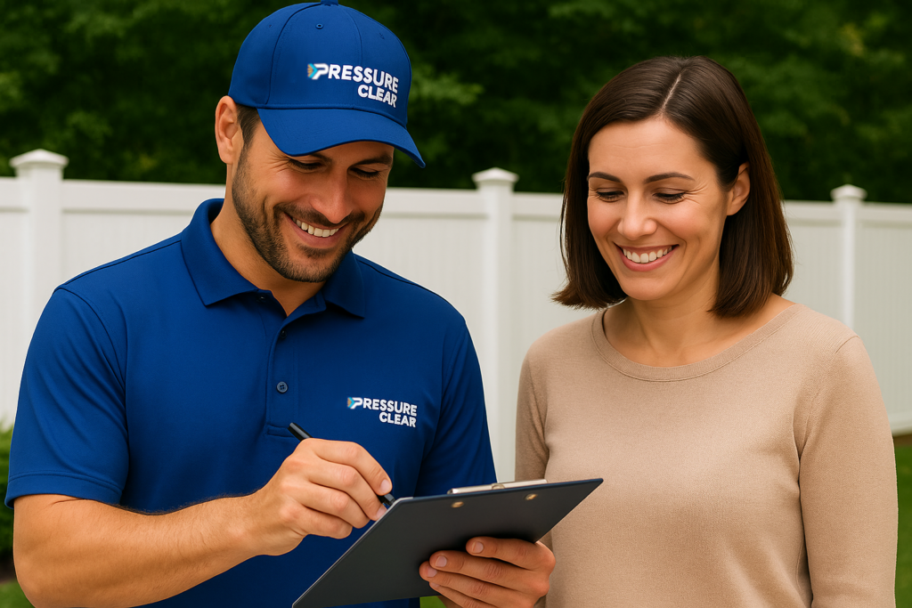 Smiling customer signing fence power washing agreement in Westchester NY
