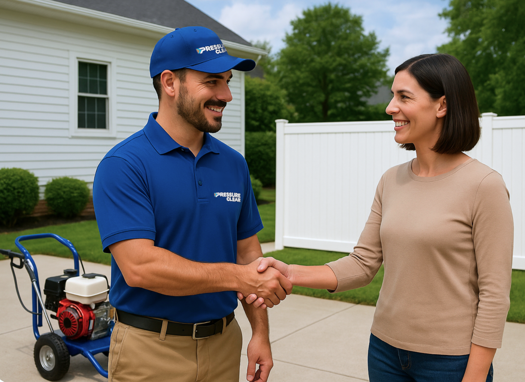Pressure Clear Technician handshake with client after fence power washing Westchester NY