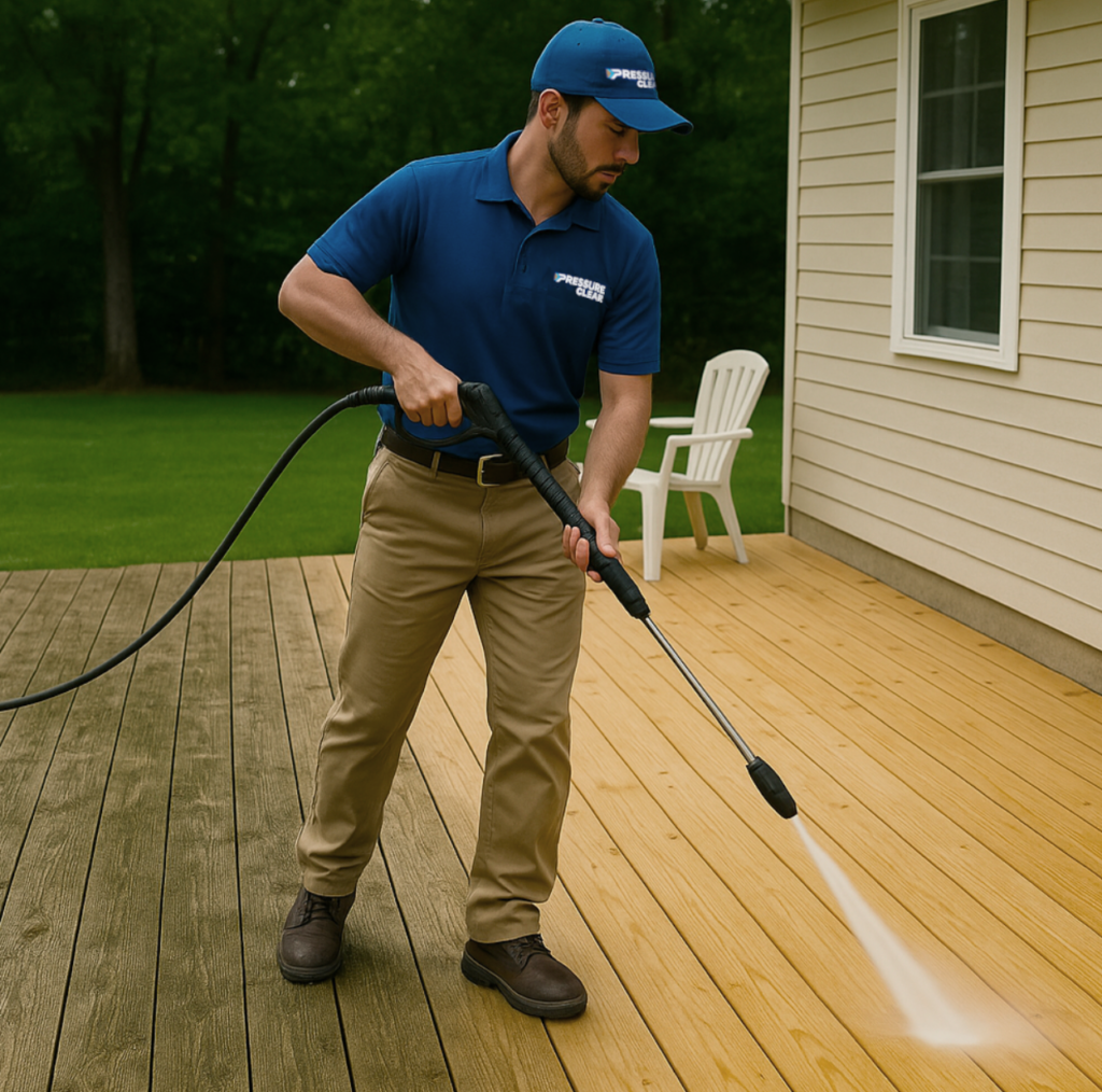 Deck power washing Westchester NY technician cleaning wooden boards