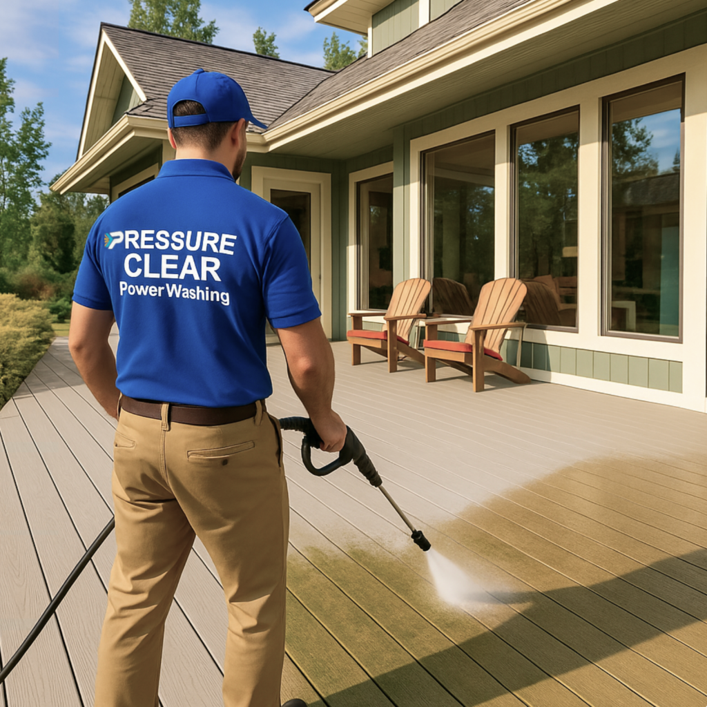 Westchester NY homeowner receiving deck power washing service