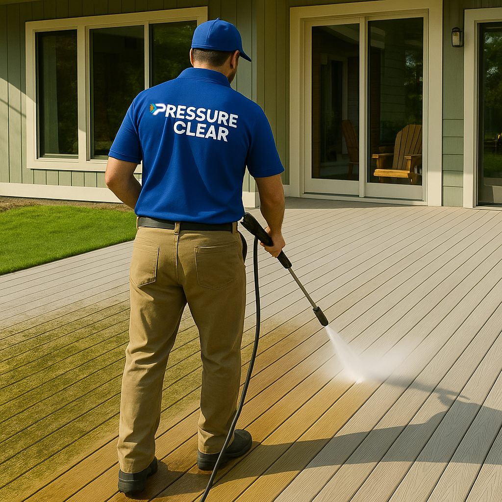Irvington NY Power Washing Company cleaning large backyard deck with pressure washing