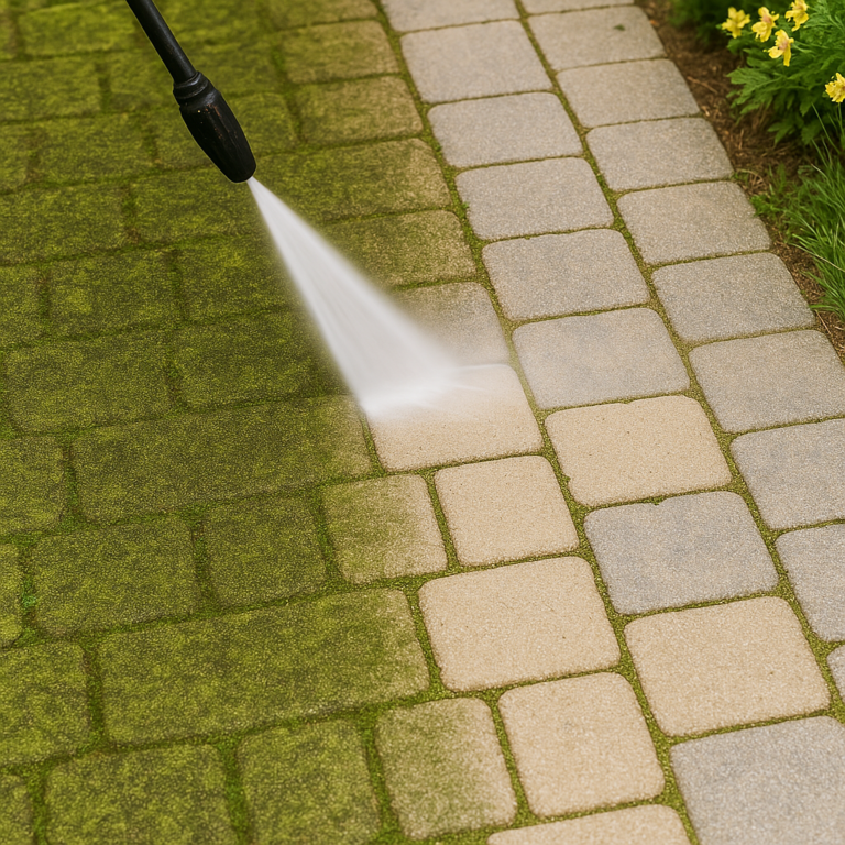 oss being removed from stone walkway with high-pressure power washing in Westchester NY