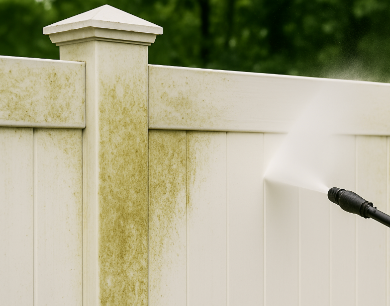 High-pressure fence power washing removing green mildew from vinyl fence