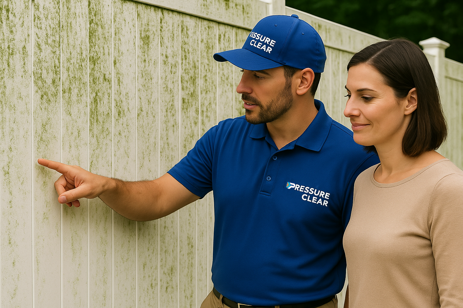 Pressure Clear technician explaining fence power washing needs to homeowner