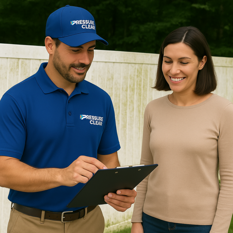 Fence power washing consultation between technician and happy customer