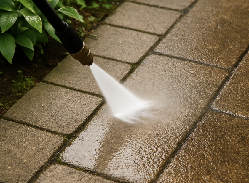 Walkway power washing Westchester NY in action removing ground-in grime from stone pavers
