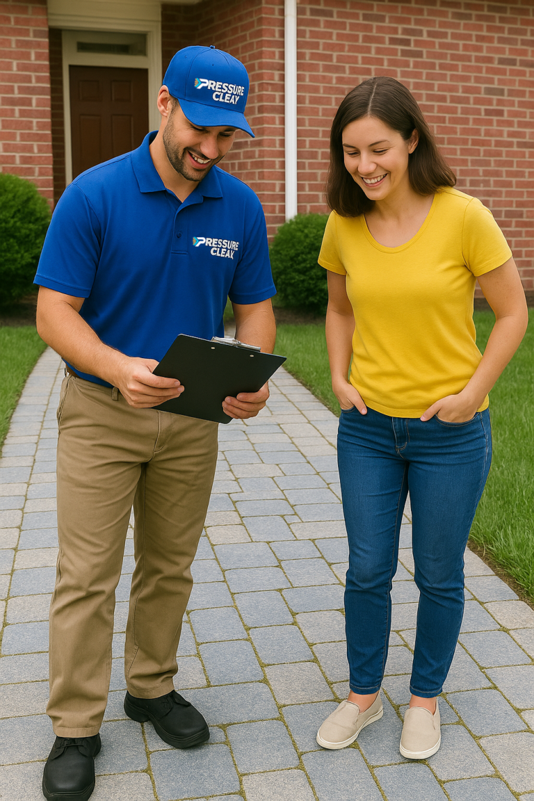 Satisfied customer reviewing results of professional walkway power washing in Westchester County