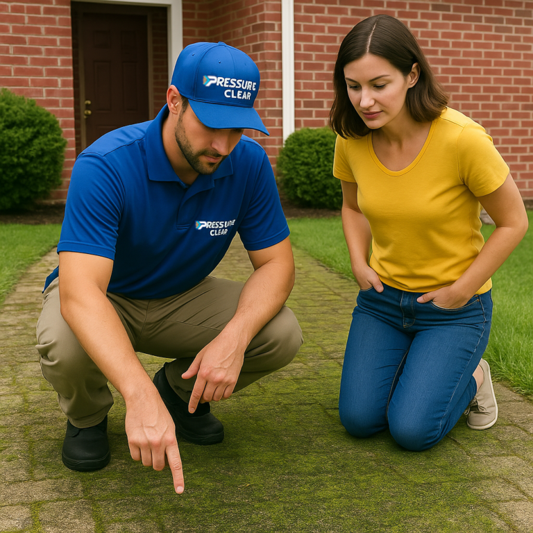 Homeowner discussing moss buildup before walkway power washing Westchester NY service