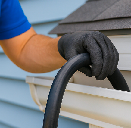 Gloved Pressure Clear technician uses a hose to flush water through the gutter downspout for proper flow check.