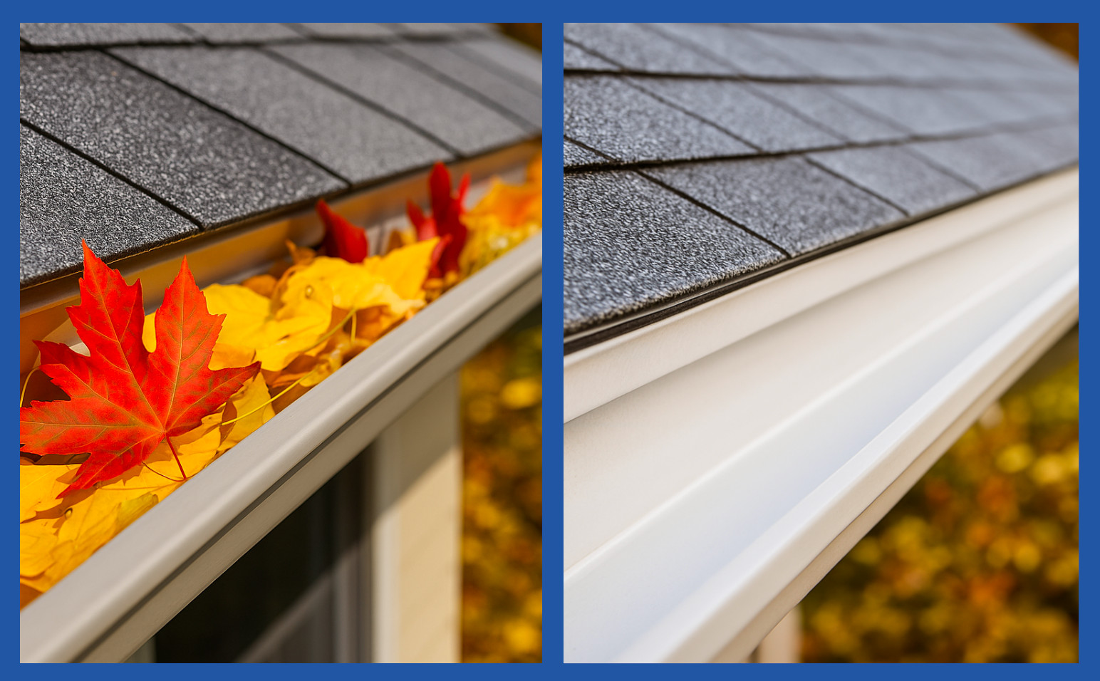 Gutter filled with fall leaves before cleaning and after cleaning in Westchester NY