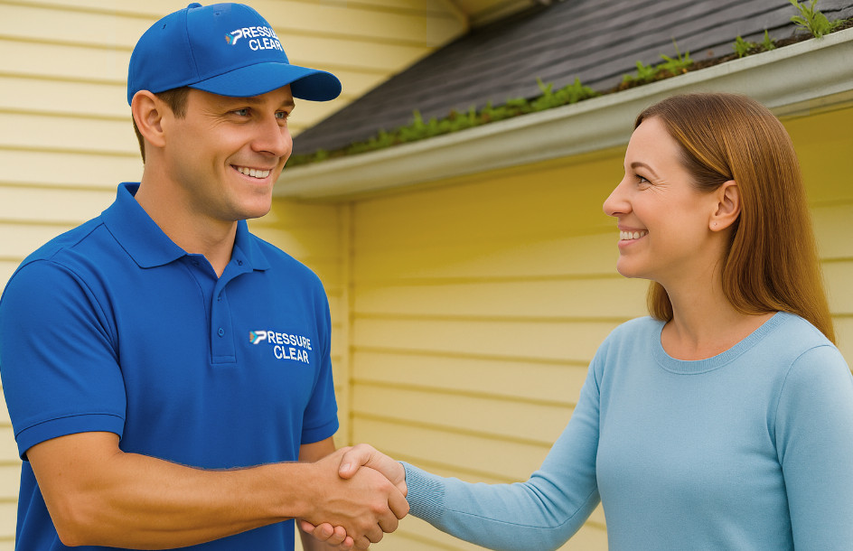 Pressure Clear technician greeting a Westchester NY homeowner before gutter cleaning service