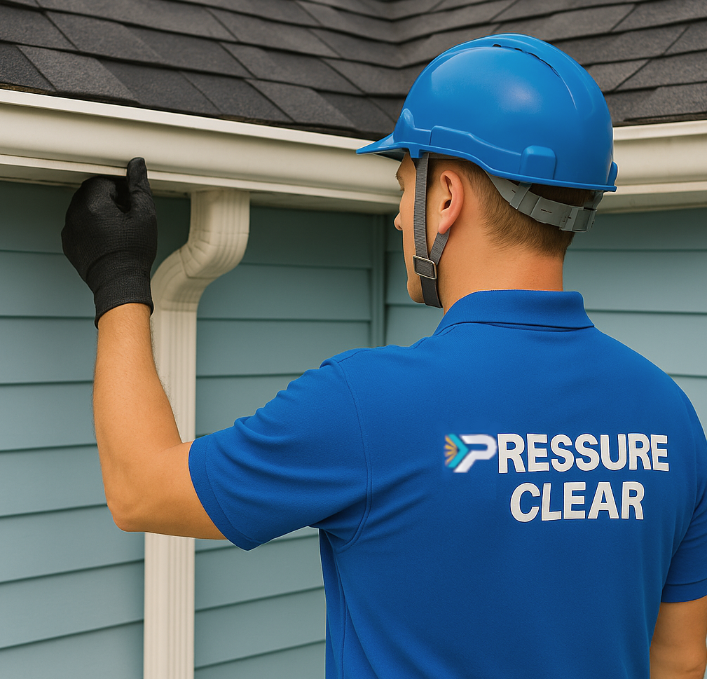 Pressure Clear technician examines gutter system for leaks and damage at a residential home.