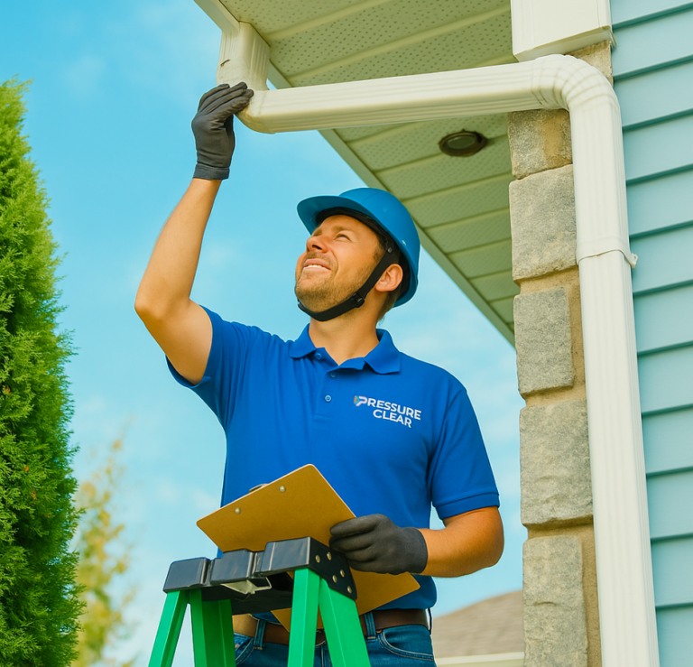 Pressure Clear technician inspecting a downspout for gutter issues in Westchester NY