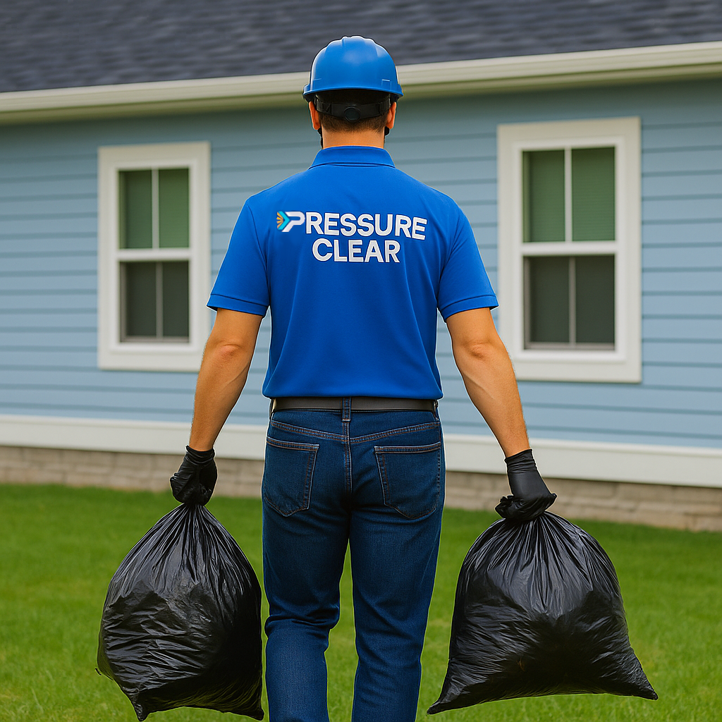 Gutter technician carries two large black bags filled with removed gutter debris toward waste disposal area.