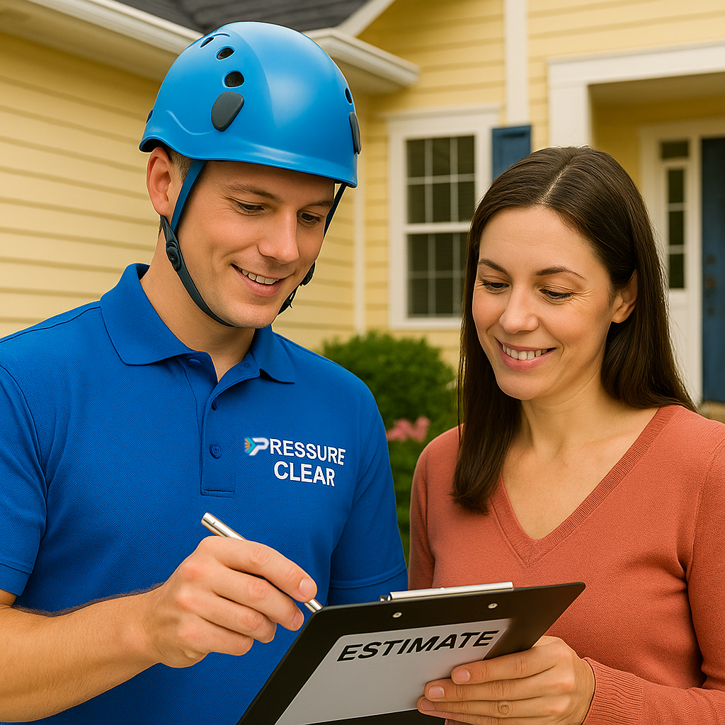 A smiling Pressure Clear technician shows a clipboard with an estimate to a happy homeowner outside a yellow house.