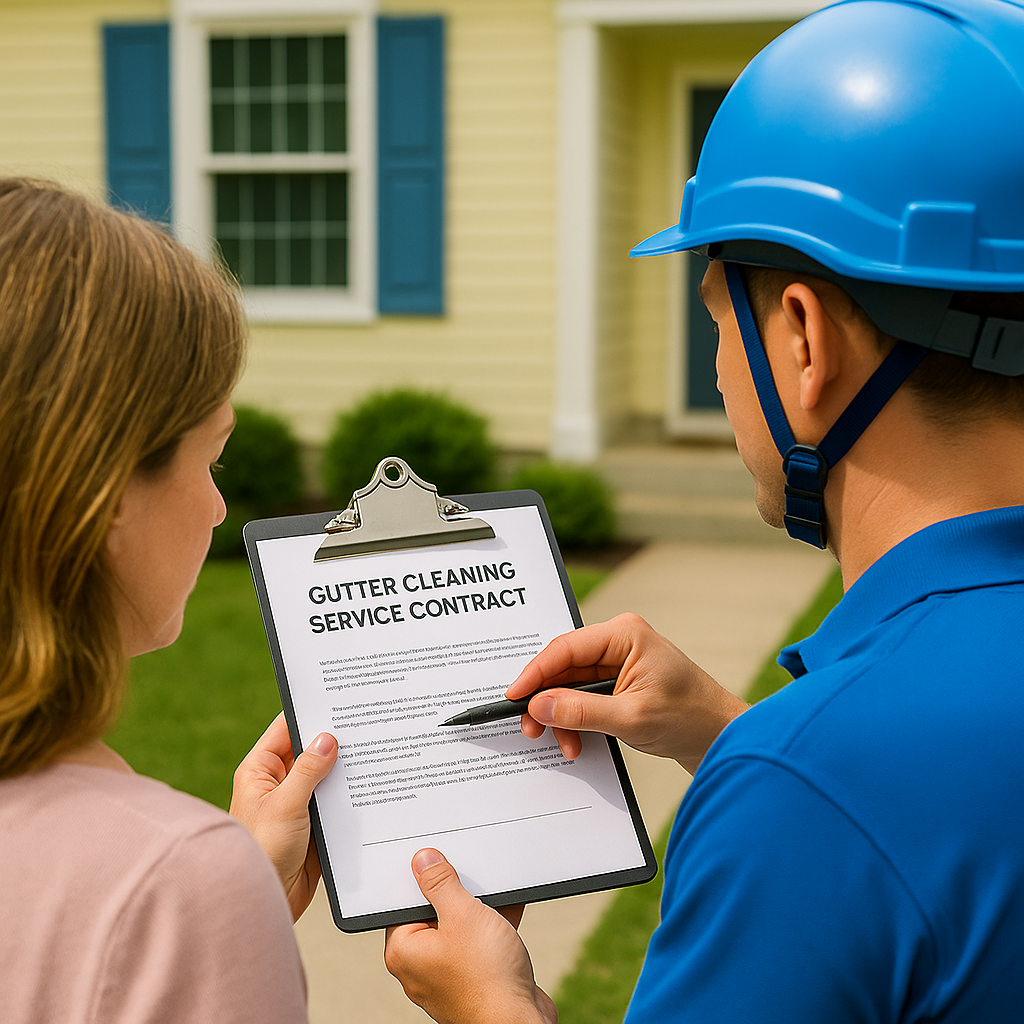 A Pressure Clear technician shows a Gutter Cleaning Service Contract to a homeowner, discussing seasonal maintenance.