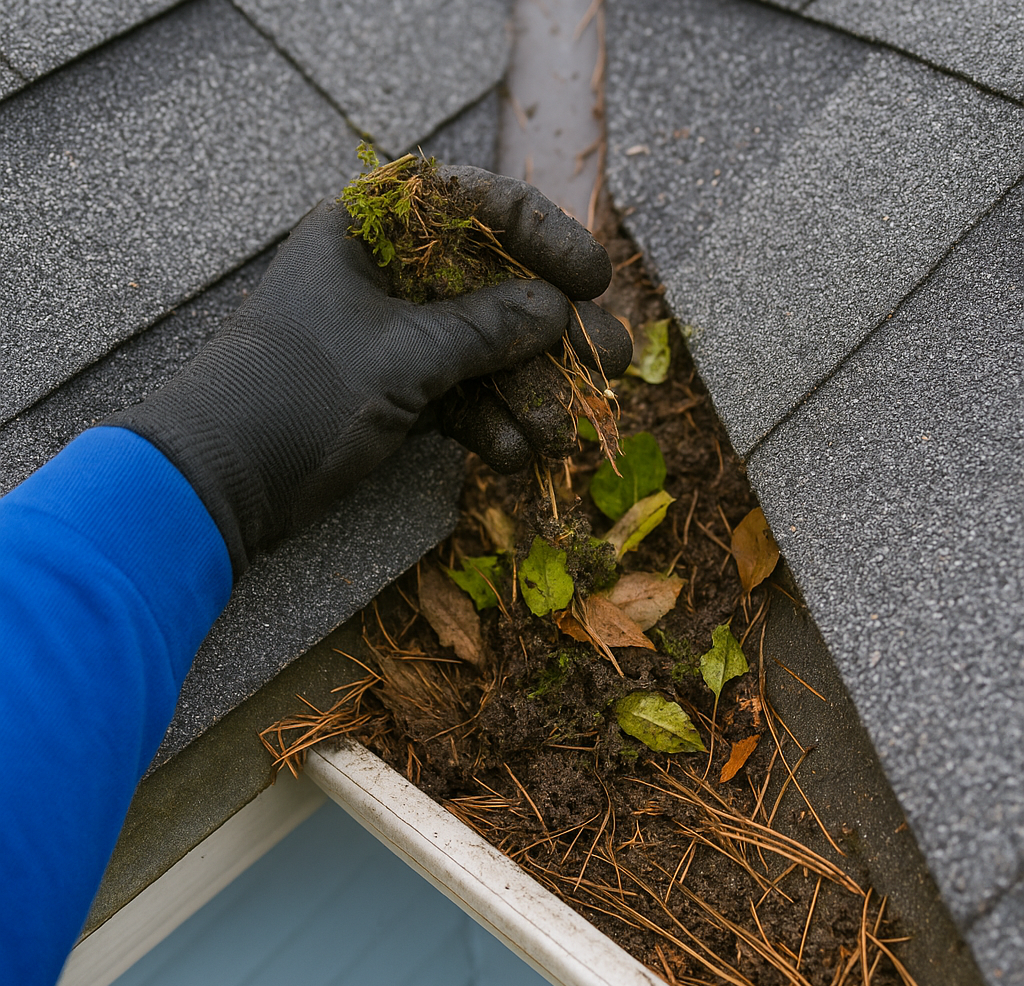Technician removes wet leaves and debris from the roof valley and gutter to restore proper drainage.