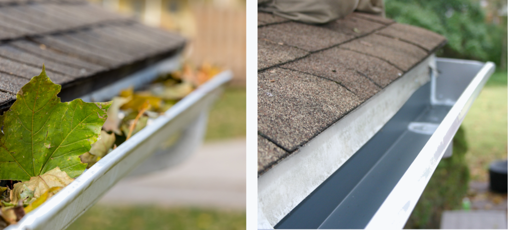 Before and after gutter cleaning on a Westchester NY home showing leaf buildup and cleaned gutter
