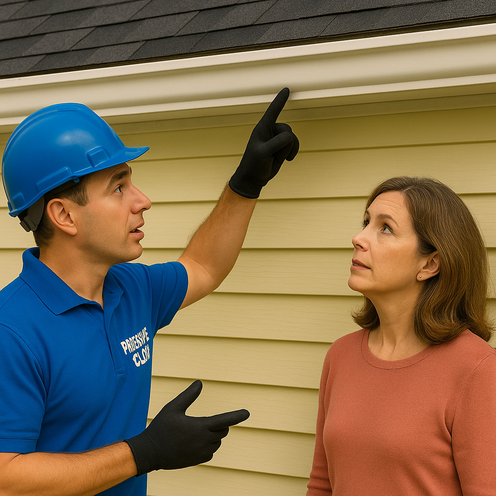 Pressure Clear gutter technician showing homeowner a problem with gutter system in Westchester NY