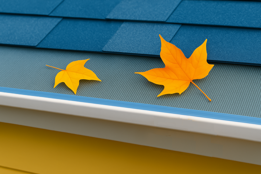 Two yellow autumn leaves resting on a fine micro-mesh gutter guard with blue shingles above and yellow siding below.