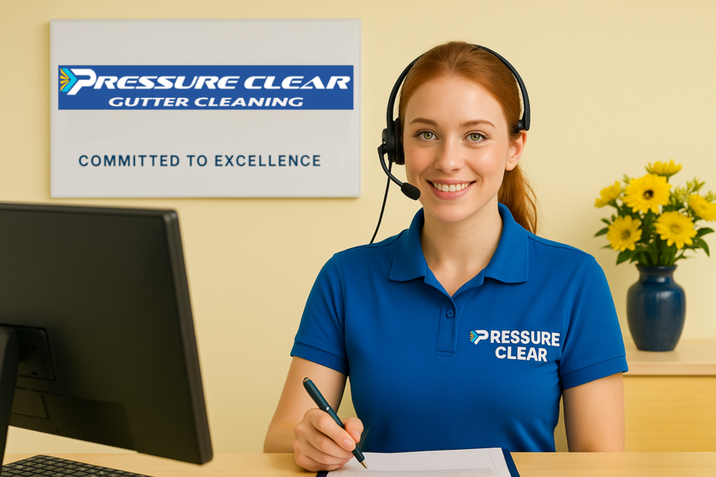 Friendly receptionist at Irvington NY Power Washing Company answering phone in office