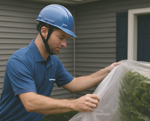 Power washing technician protecting hedges with a tarp – Irvington NY power washing company