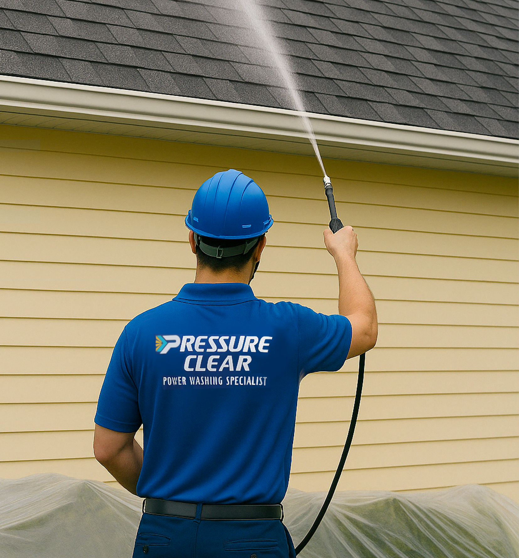 Irvington NY power washing company technician applying soft wash solution with hedges protected