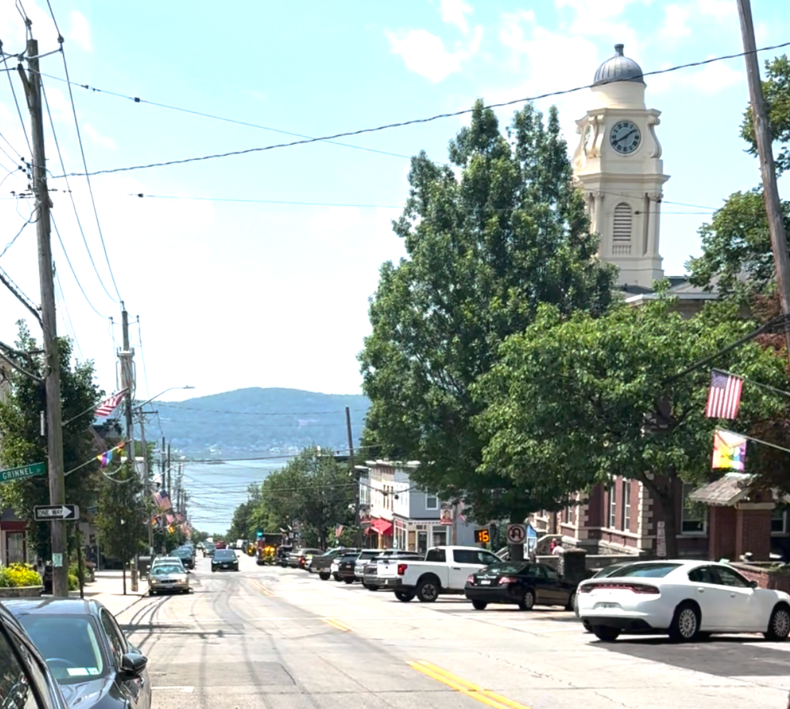 Main Street near Irvington NY Power Washing Company with view of historic Town Hall tower