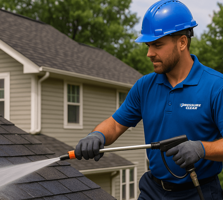 Tarrytown NY Power Washing Company technician rinsing roof after soft wash treatment