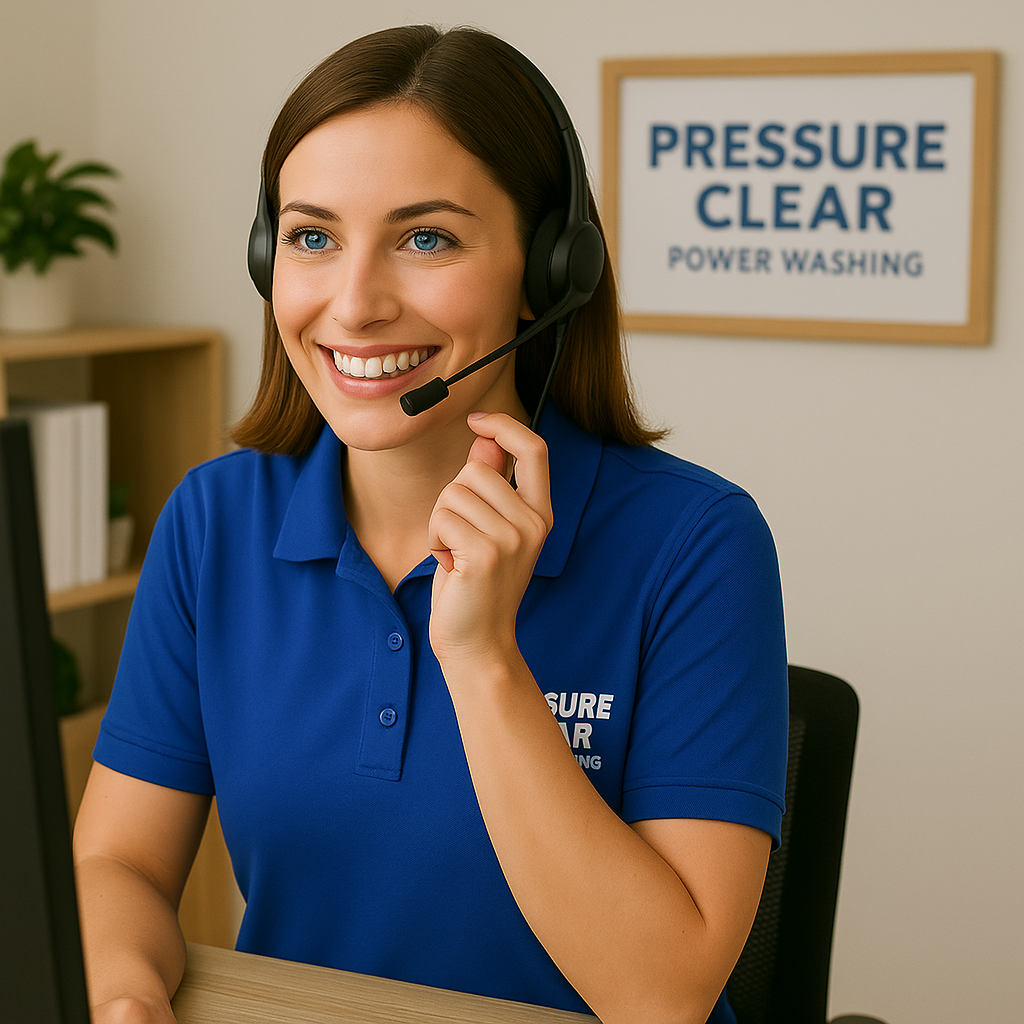 Receptionist at Pressure Clear wearing headset taking a call from a Dobbs Ferry, New York client