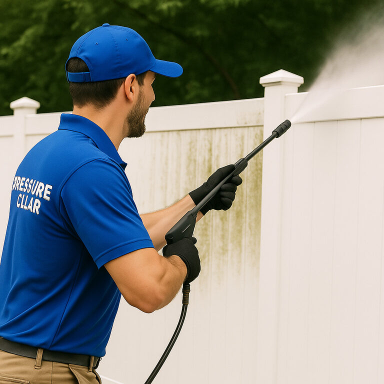 Power washing vinyl fence in Sleepy Hollow NY to remove algae and grime.