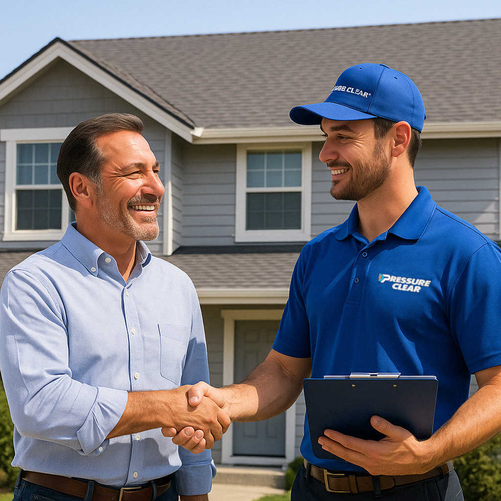 Happy client shaking hands with Elmsford NY power washing company technician